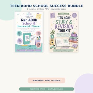 May include: A Teen ADHD School Success Bundle featuring two printable PDF guides. The first cover reads Teen ADHD School & Homework Planner with 25 printable pages. The second cover reads Teen ADHD Study & Revision Toolkit with 55 practical pages.
