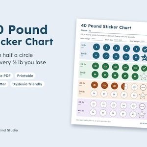 May include: A 40 Pound Sticker Chart with rows of circles to track weight loss. The chart includes sections for 5 lb to 40 lb, with instructions to fill in half a circle for every 1/2 lb lost. It features blue, green, orange, and purple color-coded rows.