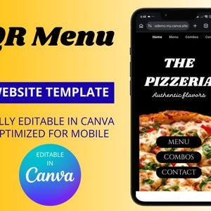 Puede incluir: Un teléfono móvil muestra una plantilla de sitio web de pizzería. La pantalla muestra una imagen de pizza y opciones de menú. El diseño incluye el texto "QR Menu" y "Website Template". La plantilla es totalmente editable en Canva y optimizada para móviles.