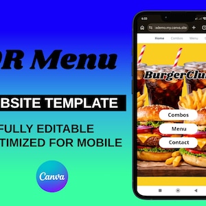Editable QR Menu Template Canva | Digital Restaurant Website Menu | Burger & Fast Food Menu | QR Code Menu with Social Media Links