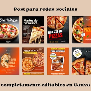 May include: A collection of pizza-themed social media posts. The posts feature images of pizzas, slices, and text such as "Pizza Day", "Pizza Party", and "2x1 Pizzas". The text "Completely editable in Canva" is also included.