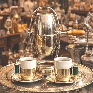 Cafetera antigua (bouillotte) con sistema de calentamiento. Plateada. Francia, París. 1930-1950. Juego de café.