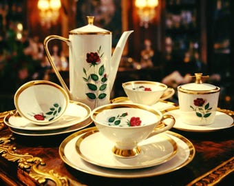 Juego de café y té antiguo de Bavaria Mitterteich, Alemania, 1960, porcelana con detalles dorados.