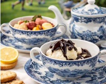 Juego de 6 cuencos para sopa con platillos de la marca Enoch Wedgwood, modelo Loch of Scotland, Inglaterra, década de 1950.