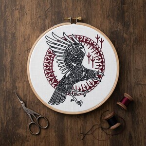 Raven Embroidery Kit - Viking Crow Celtic Knot Nordic Decor - Gift for Mythology Lovers - DIY Needlework Project