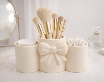 Porta pennelli per il trucco, organizer per specchiera con fiocco, contenitore per cosmetici, grazioso organizer da bagno, contenitore per il trucco, regalo per lei, organizer da scrivania