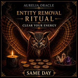 Puede incluir: Ilustración digital con un búho de alas extendidas, una vela encendida, cristales y piedras rúnicas. El texto dice "AURELIA ORACLE ENTITY REMOVAL RITUAL CLEAR YOUR ENERGY SAME DAY.", con un tema místico.