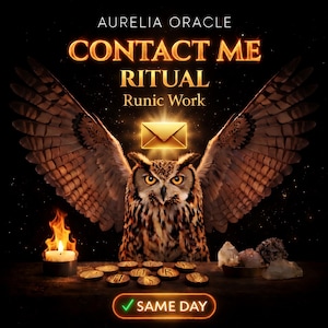 Puede incluir: Imagen de un búho con las alas extendidas, un sobre dorado y el texto "CONTACT ME RITUAL Runic Work". Una vela encendida y piedras rúnicas en primer plano. Las palabras "SAME DAY" se muestran con una marca de verificación.