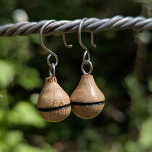 Könnte beinhalten: Ein Paar Holz-Ohrhänger in Tropfenform. Jeder Ohrring hat ein dunkles Band in der Mitte und ist an einem silberfarbenen Haken aufgehängt. Der Hintergrund ist ein verschwommenes Grün.