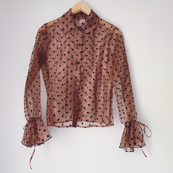 Vintage polka dot sheer ruffle blouse