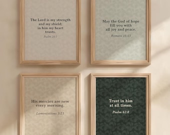 Christian Bible Verse Printable Wall Art Set of 4 Neutral Floral Scripture Prints Sage Beige Evergreen Gallery Wall (Digital Download)