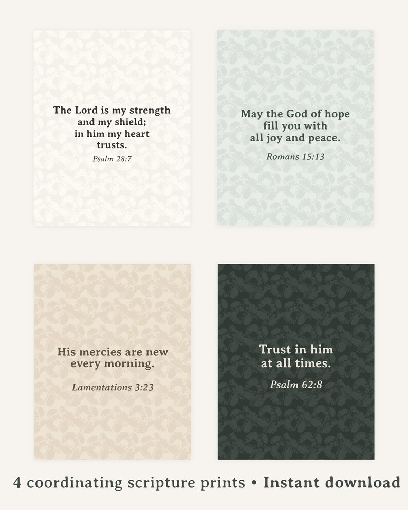 Various Scriptures Christian Bible Verse Printable Wall Art Set of 4 Neutral Floral ...