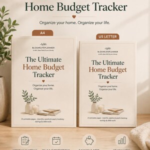 Peut inclure: Deux planificateurs de budget domestique numériques aux formats A4 et US Letter. Les couvertures portent le texte The Ultimate Home Budget Tracker, BloomLifePlanner et Organize your home. Organize your life. Inclut des icônes de suivi.