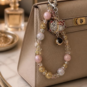 Pink Bag Charm Beaded Luxury Keychain Cat Purse Accessory Sparkly Crystal Pendant Backpack Clip Zipper Pull Bell Gift Handbag Dangle