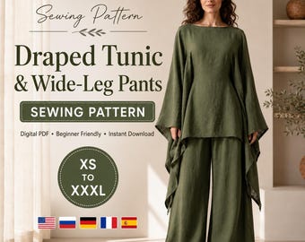 May include: A sewing pattern for a draped tunic and wide-leg pants in olive green. The text reads: Sewing Pattern, Draped Tunic & Wide-Leg Pants, SEWING PATTERN, Digital PDF, Beginner Friendly, Instant Download, and XS TO XXXL.