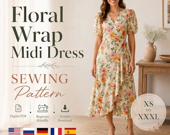 May include: A floral wrap midi dress sewing pattern featuring a digital PDF, beginner friendly, and instant download. The text reads Floral Wrap Midi Dress Sewing Pattern with sizes XS to XXXL. The dress has short puff sleeves and a floral print.