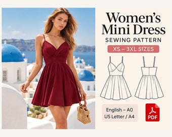 Patron de couture PDF pour mini-robe, col en V croisé, bretelles spaghetti, tailles XS à 3XL