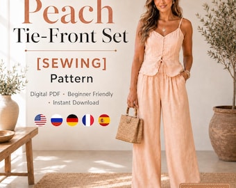 May include: A digital PDF sewing pattern for a peach tie-front set, featuring a sleeveless top with a front tie and wide-leg trousers. The text reads Peach Tie-Front Set, Sewing Pattern, Digital PDF, Beginner Friendly, Instant Download, XS to XXXL.