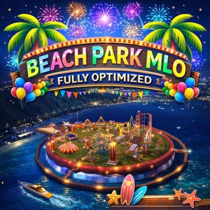 Könnte beinhalten: Eine lebendige digitale Illustration eines Strandparks bei Nacht mit einem Riesenrad, einer Achterbahn und anderen Fahrgeschäften auf einer Insel. Das Schild lautet "BEACH PARK MLO FULLY OPTIMIZED" mit Feuerwerk und Palmen.