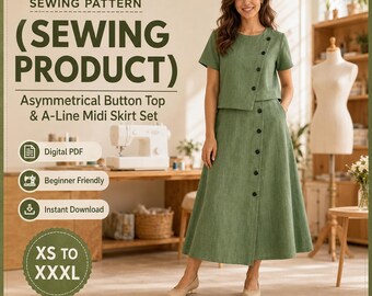 May include: A sewing pattern for an asymmetrical button top and A-line midi skirt set. The set is sage green with a short-sleeved top featuring a diagonal button closure and a matching midi-length skirt with a vertical button front design.