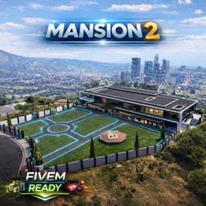 Puede incluir: Vista aérea de una mansión moderna con un gran césped y un horizonte urbano al fondo. La imagen presenta el texto "MANSION 2" y "FIVE READY". También se ve un coche deportivo rojo.