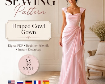 May include: A sewing pattern for a draped cowl gown, featuring text that reads SEWING Pattern Draped Cowl Gown, Digital PDF, Beginner Friendly, Instant Download, and sizes XS to XXXL. The image displays a floor-length, light pink sleeveless gown.