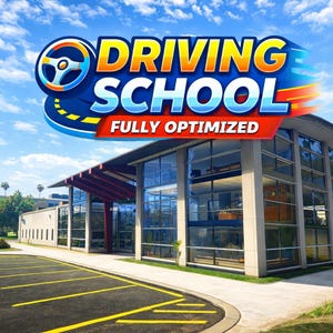 Könnte beinhalten: Ein Bild eines Gebäudes mit den Worten "DRIVING SCHOOL" in Gelb und Blau, und "FULLY OPTIMIZED" in Rot. Das Gebäude hat große Glasfenster und einen Parkplatz davor.