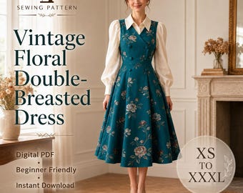 May include: A teal double-breasted dress with a floral pattern, featuring a V-neckline, buttons, and a full skirt. The dress is worn over a white long-sleeved collared shirt. Text on the image reads: Sewing Pattern, Vintage Floral Double-Breasted Dress, Digital PDF, Beginner Friendly, Instant Download, XS to XXXL.