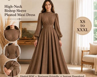 May include: A brown high-neck maxi dress with bishop sleeves and a pleated skirt. The text reads [SEWING] Pattern, High-Neck Bishop Sleeve Pleated Maxi Dress, XS TO XXXL, Digital PDF, Beginner Friendly, Instant Download.