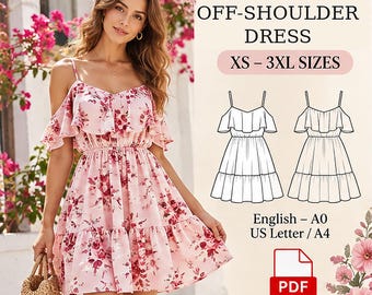 Patron de couture PDF pour robe à épaules dénudées | Robe mini à volants XS-3XL