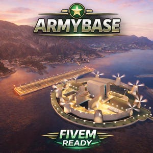 Peut inclure: Vue aérienne d'une base militaire insulaire avec les textes "ARMYBASE" et "FIVE M READY". La base comprend une piste d'atterrissage, des bâtiments et des lumières, entourée d'eau et de montagnes. Le ciel est un mélange d'orange et de bleu.