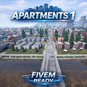 Könnte beinhalten: Luftaufnahme einer Stadt mit einer Brücke über einem Fluss. Der Text "APARTMENTS 1" befindet sich oben und "FIVE M READY" unten. Die Szene zeigt Gebäude, Straßen und Bäume.