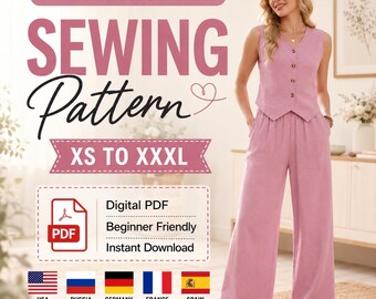 May include: A digital sewing pattern for a V-neck vest and wide-leg pants set, available in sizes XS to XXXL. The text reads V-NECK VEST & WIDE-LEG PANTS SET, SEWING PATTERN, XS TO XXXL, Digital PDF, Beginner Friendly, and Instant Download.