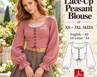 Patron de couture PDF pour blouse paysanne à lacets | Top court à manches ballon XS-3XL