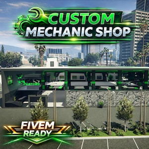 Puede incluir: Vista exterior de un taller mecánico con el texto "CUSTOM MECHANIC SHOP" en verde y blanco. El taller tiene un diseño moderno con detalles en verde y el texto "FIVE READY" en la parte inferior.