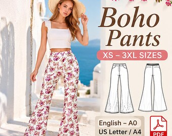 Patron de couture PDF pour pantalon évasé bohème | Pantalon pattes d'éléphant taille haute XS-3XL