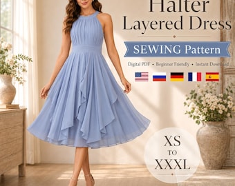 May include: A light blue halter layered dress sewing pattern in digital PDF format. The text reads Halter Layered Dress, SEWING Pattern, Digital PDF, Beginner Friendly, Instant Download, and sizes XS to XXXL. The dress features a pleated bodice.