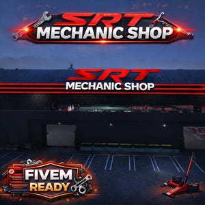 May include: A logo for SRT Mechanic Shop, featuring red text and a wrench icon. The shop's name is displayed prominently against a dark background. The image also includes a "FiveM Ready" logo with tools.