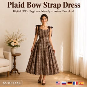 May include: A brown and black plaid dress with a square neckline and shoulder straps featuring tied bows. The dress has a fitted bodice and a full, pleated skirt that falls to mid-calf. Text on the image reads: Plaid Bow Strap Dress, Digital PDF, Beginner Friendly, Instant Download, and XS TO XXXL.