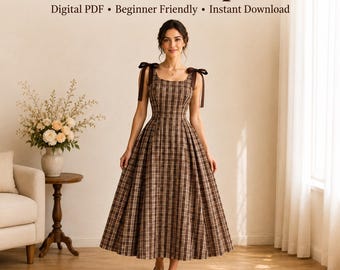 May include: A brown and black plaid dress with a square neckline and shoulder straps featuring tied bows. The dress has a fitted bodice and a full, pleated skirt that falls to mid-calf. Text on the image reads: Plaid Bow Strap Dress, Digital PDF, Beginner Friendly, Instant Download, and XS TO XXXL.