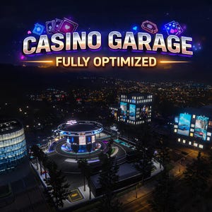 May include: An aerial view of a casino complex at night. The words "CASINO GARAGE" are displayed in large, illuminated letters above the phrase "FULLY OPTIMIZED". The scene includes buildings, a circular structure, and city lights.