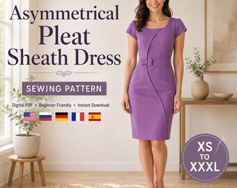 May include: A purple sheath dress with short sleeves, a scoop neckline, and an asymmetrical front pleat detail featuring a small bow at the waist. The text reads Asymmetrical Pleat Sheath Dress, Sewing Pattern, Digital PDF, Beginner Friendly, Instant Download, and XS to XXXL.