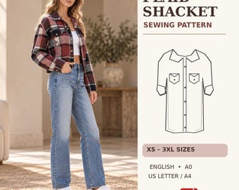 Patron de couture PDF pour surchemise à carreaux | Veste chemise boutonnée pour femme, tailles XS à 3XL