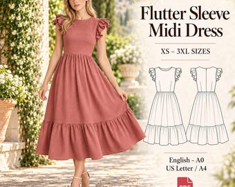 Patron de couture PDF pour robe midi à manches papillon, robe à volants étagés, tailles XS à 3XL