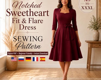 May include: A digital PDF sewing pattern for a burgundy fit and flare dress with a notched sweetheart neckline and three-quarter sleeves. The text reads Notched Sweetheart Fit & Flare Dress SEWING Pattern, Digital PDF, Beginner Friendly, Instant Download.