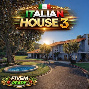 Puede incluir: Imagen de una casa con el texto "ITALIAN HOUSE 3" en letras doradas. La bandera italiana está en la parte superior. La casa tiene un tejado de tejas rojas y está rodeada de árboles y una piscina circular. El texto "FIVE READY" está en la parte inferior.