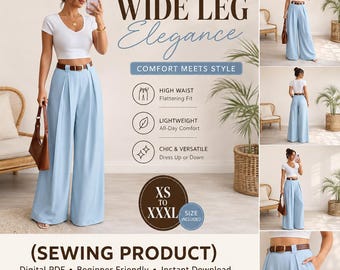 May include: A digital PDF sewing pattern for high-waisted, wide-leg trousers in light blue. The product features a brown belt, front pleats, and side pockets. The text includes WIDE LEG ELEGANCE, COMFORT MEETS STYLE, HIGH WAIST, LIGHTWEIGHT, CHIC & VERSATILE, XS TO XXXL, and SEWING PRODUCT.