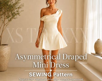May include: An off-white mini dress featuring an asymmetrical draped neckline and a flared skirt. The text on the image reads XS TO XXXL, Asymmetrical Draped Mini Dress, and SEWING Pattern. The design is sleeveless with a fitted bodice.