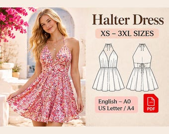 Patron de couture PDF pour robe mini dos nu | Col V à nouer dans le dos, tailles XS à 3XL