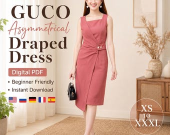 May include: A sleeveless, knee-length, dusty rose dress featuring an asymmetrical draped front, a square neckline, and a side button detail. The text reads GUCO Asymmetrical Draped Dress, Digital PDF, Beginner Friendly, Instant Download, and XS to XXXL.